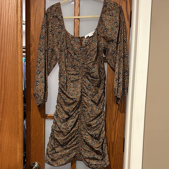 Veronica Beard Brown Floral Ruched Long-Sleeve Mini Dress - Picture 3 of 7